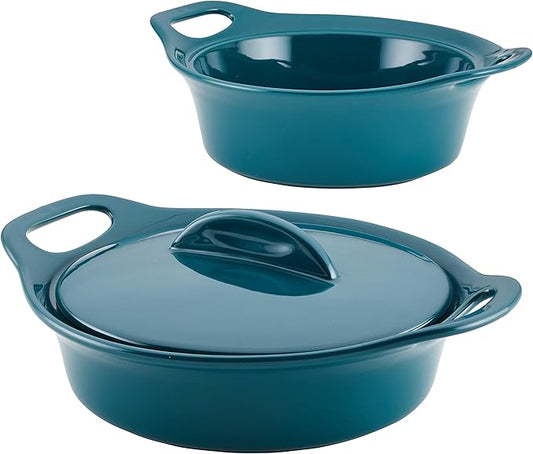 Rachael Ray Solid Glaze Ceramics Casserole Bakeware/Baker Set with Shared Lid, 3 Piece, Teal