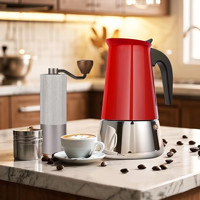 Moka Pot, 9 Cups (15.9 oz) Stovetop Espresso Maker, 304 Stainless Steel Moka Pot, Induction Compatible, Red