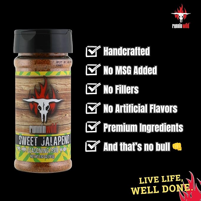 Sweet Jalapeno Seasoning | Premium Sweet and Spicy Rub | Sweet Heat Rub for Beef, Pork, Chicken, and Fish | Incredible Fajita Seasoning and Rib Rub | Runnin Wild Foods, 5.9 oz