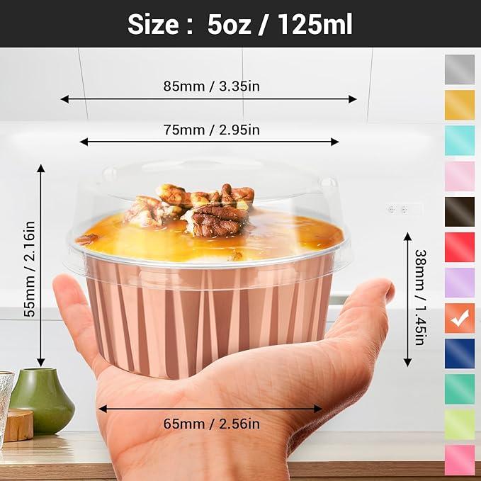 EUSOAR Rose Gold Cupcake Liners, 120pcs 5oz Disposable Aluminum Foil Baking Cups with Lids, Mini Foil Cupcake Liners Ramekins Cups with Lids for Oven Dessert Cups Aluminum Cheesecake Pan Creme Brulee