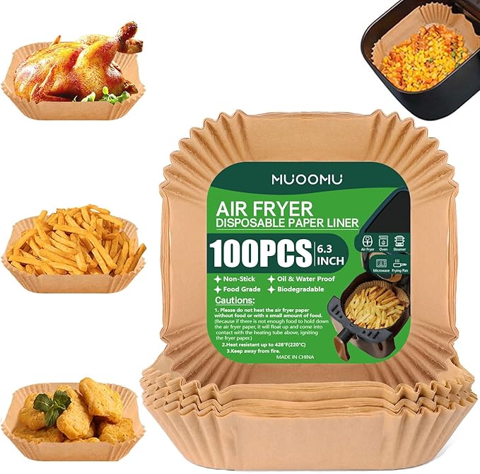 Air Fryer Disposable Paper Liners Square, Non-Stick Parchment, AirFryer Accessories for Baking Microwave Oven Frying Pan, Oil Proof, Water Proof (100PCS, 6.3inch)