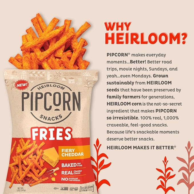 Heirloom Baked Fiery Cheddar Fries by Pipcorn - 5oz 6pk - Healthy Snacks, Gluten Free Snacks, Non-GMO, Upcycled Heirloom Corn Flour, Vegan, Baked Not Fried Snacks