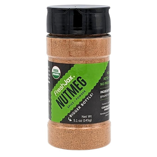 FreshJax Organic Ground Nutmeg Powder ??5.1 oz Bottle, Non-GMO, Gluten-Free, Keto, Paleo, No Preservatives ??Premium Spice for Baking, Lattes, Holiday Recipes & Desserts