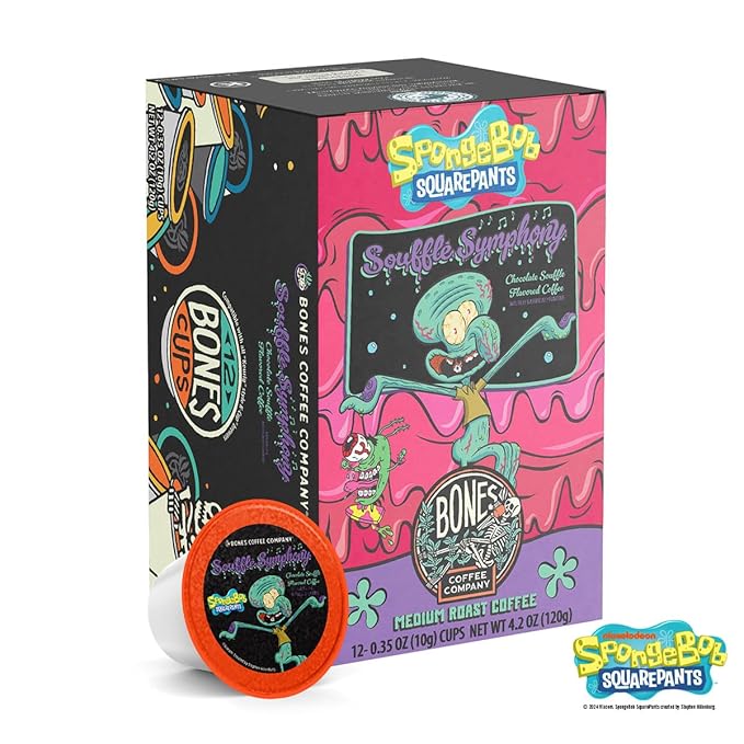 Bones Coffee Company Spongebob Soufflé Symphony, Chocolate Soufflé Flavored Coffee Pods, Low Acid Medium Roast Single-Serve Bones Cups, Compatible with 1.0 & 2.0 Capsule Brewers Coffee Maker, 12 Count