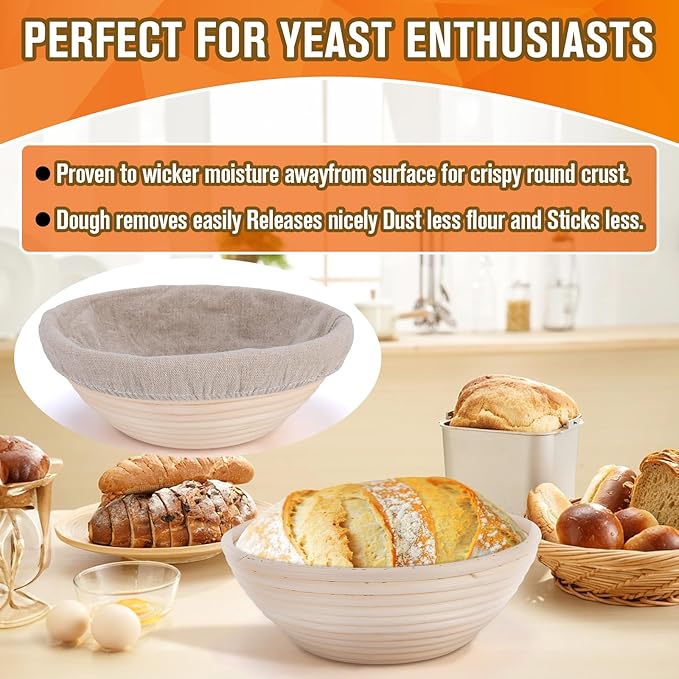 Banneton Bread Proofing Basket, Sourdough Banneton Basket, 9 inch Round Banton Proofing Baskets with Liners, Proofing Baskets for Sourdough Bread Baking Supplies(4 Pack)