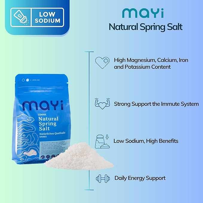 MAYİ Ancient Natural Spring Coarse Salt 1.1 lb - Hand-Harvested, Kosher, Microplastic-Free, Mineral-Rich, Diamond Crystal, Unrefined Salt for Electrolyte Drinks, Cooking, Canning, Low Sodium