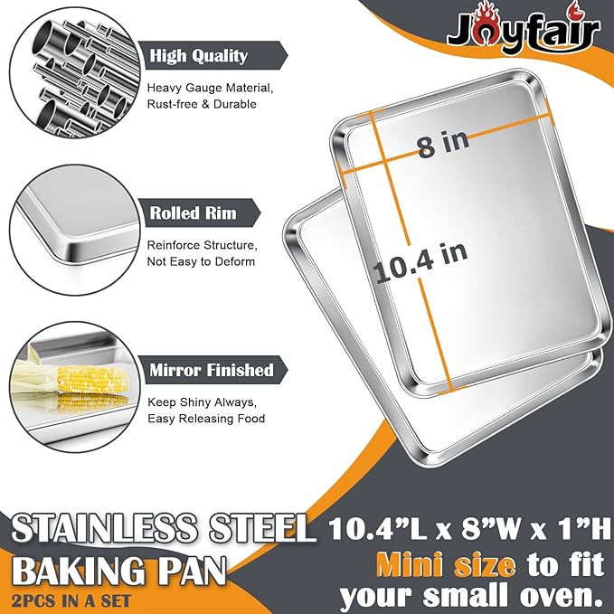 2Pcs Baking Sheet Pan Set, Joyfair Stainless Steel Cookie Sheets, Commercial Metal Pans Toaster Oven Tray Bakeware for Jelly Roll/Bread/Bacon, Heavy Gauge, Rust-free & Dishwasher Safe (10.4 Inch)