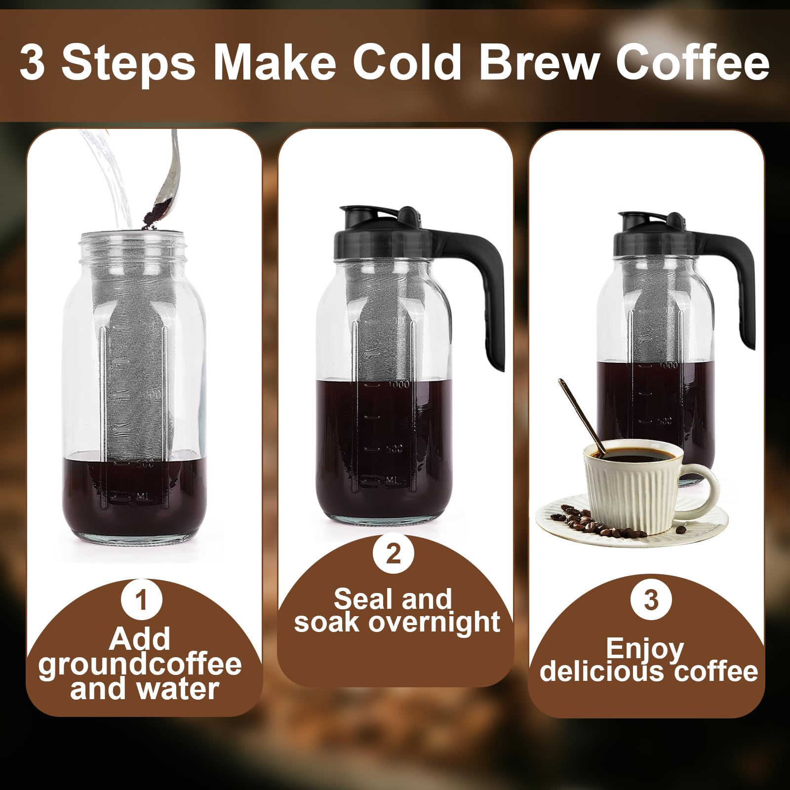 Cold Brew Coffee Maker Pitcher, 64 Oz Heavy Duty Glass Mason Jar Pitcher with V-shaped Pour Spout