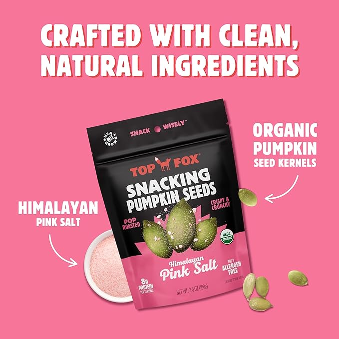 Top Fox Snacks Pumpkin Seeds to Eat (Himalayan Pink Salt, 3.5 oz – 6 Pack) - Gluten Free Snacks, Protein Snacks, Keto Friendly Snacks, Allergen Free Snacks, Paleo & Vegan - Organic Pop-Roasted
