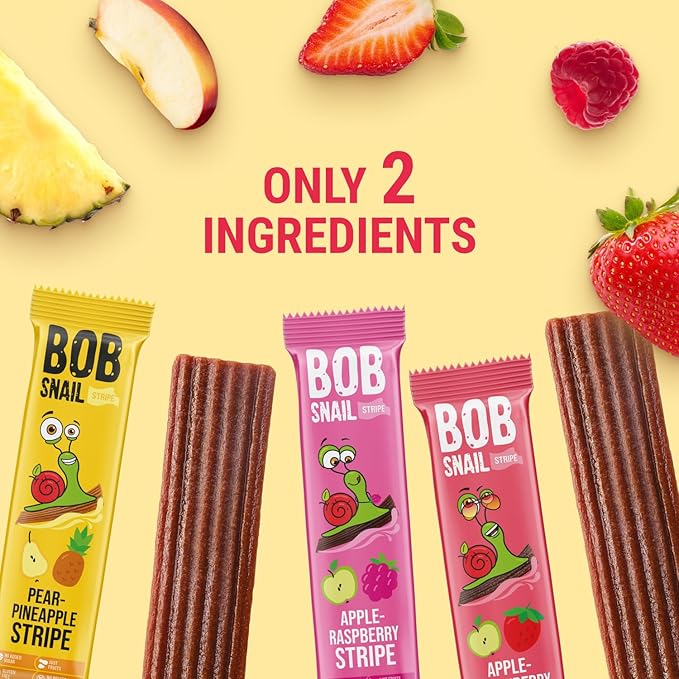 BOB SNAIL Healthy Organic Fruit Snacks for Kids and Adults ??30 Organic Fruit Leather Snacks with Strawberry, Raspberry, Pineapple ??Vegan Low-Carb Variety Pack Strips for Kids ??Sugar Free Jerky Bars