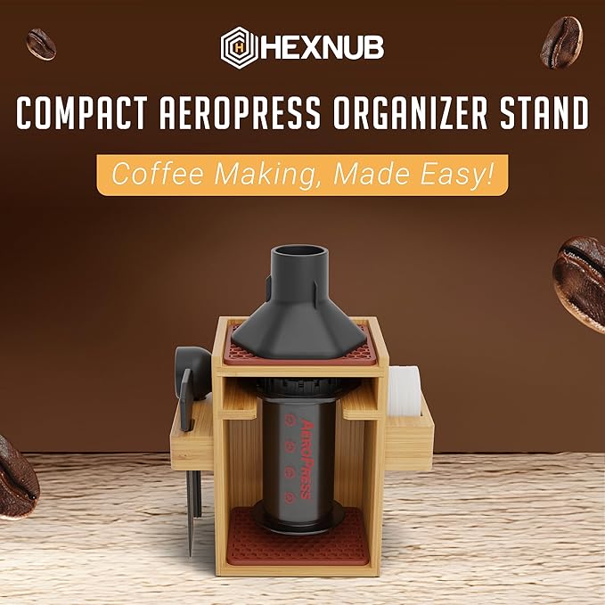 HEXNUB ??Compact AeroPress Organizer Stand, Bamboo Coffee Caddy for AeroPress Coffee Maker, Accessories, Filters, Cups, Includes Mats - Brown