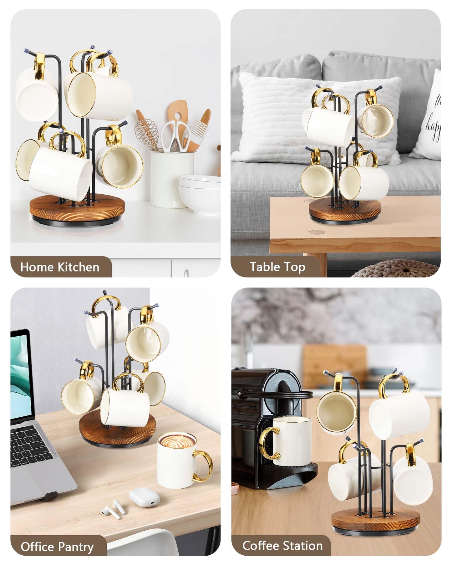 HULISEN 360° Rotating Mug Tree, Coffee Mug Holder for Large Cups, 6 Hooks