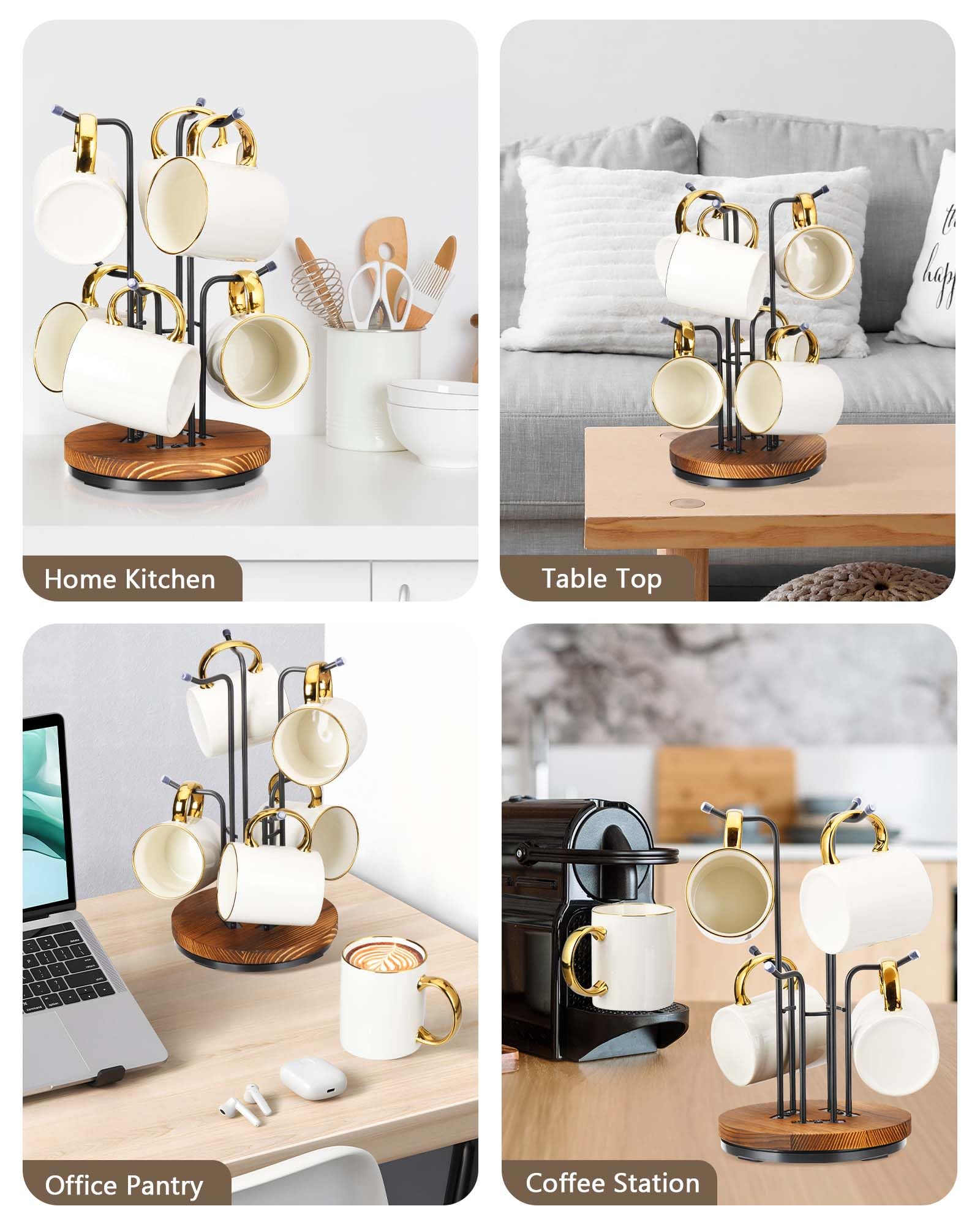 HULISEN 360° Rotating Mug Tree, Coffee Mug Holder for Large Cups, 6 Hooks