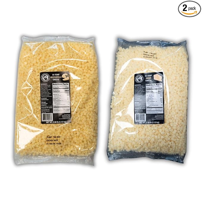Bearded Butchers High-Temp Mozzarella & Swiss Cheese, Pack of 2 (2.5 lb Bags Each) ??5 lbs Total, Shelf-Stable 1/4-Inch Cubes for Up to 25 lbs of Meat Per Bag, 400째F High-Temperature Cheese ??Smooth & Savory Blend for Sausages, Brats, and Burgers