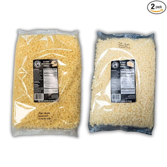 Bearded Butchers High-Temp Mozzarella & Swiss Cheese, Pack of 2 (2.5 lb Bags Each) ??5 lbs Total, Shelf-Stable 1/4-Inch Cubes for Up to 25 lbs of Meat Per Bag, 400째F High-Temperature Cheese ??Smooth & Savory Blend for Sausages, Brats, and Burgers