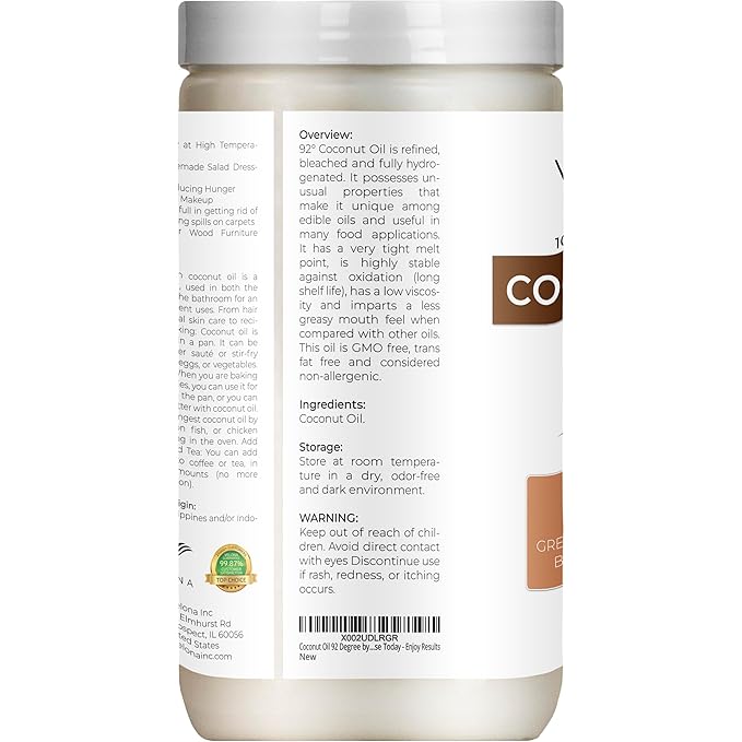 Coconut Oil 92 Degree by Velona - 32 fl oz | 100% Pure and Natural Carrier Oil | in jar | Refined, Cold pressed | Skin, Face, Body, Hair Care | Use Today - Enjoy Results