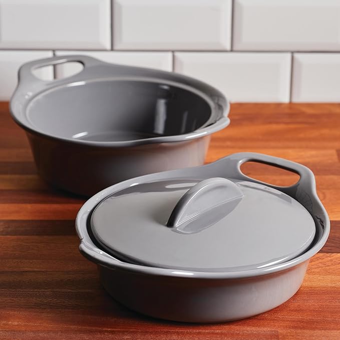 Rachael Ray Solid Glazed Ceramics Casserole Bakeware/Baker Set with Shared Lid, 3 Piece, Dark Gray