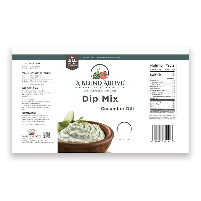 A Blend Above Cucumber Dill Dip Mix, 1oz, (3 Pack), Gluten-Free, No MSG, All Natural, No Preservatives, Vegetable Dip, Keto Friendly, Low Carb, Easy to Make