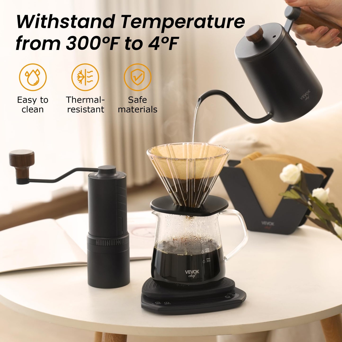 VEVOK CHEF Pour Over Coffee Maker Set, 20 Oz Borosilicate Glass Server Carafe and Glass Coffee
