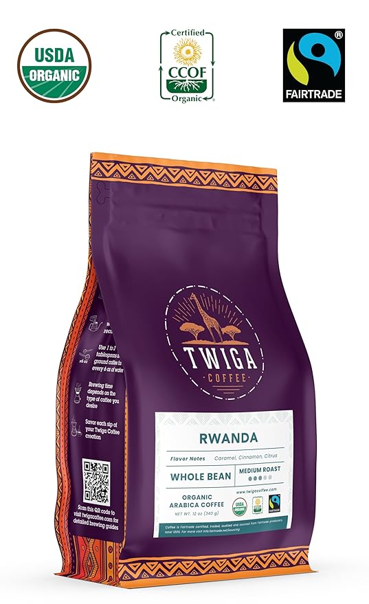 Twiga Coffee Rwandan Whole Bean ??Organic Medium Roast Arabica with Caramel, Cinnamon & Citrus Flavor Notes ??Single Origin Fresh Roasted Rwandan Coffee for a Smooth, Bold Cup ??12 oz