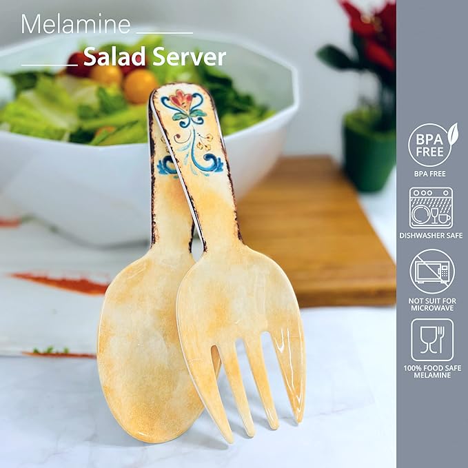 UPware Tuscany Melamine Salad Servers, Serving Utensil Set, Includes Serving Fork and Spoon for Tossing Salad, Pasta, Yellow, 10.75 Inch, Set of 2
