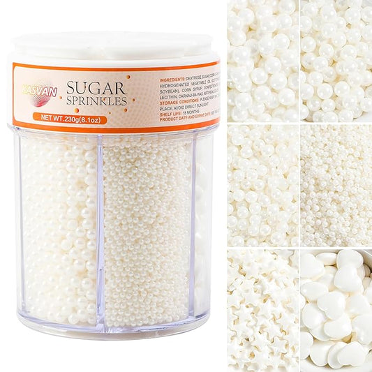 Kasvan White Pearl Sugar Sprinkles, 6 Sizes Mix for Cake Decorating, 230g/8.1oz, Ice Cream Toppings and Cookie Decorating, Wedding Party Chirstmas Supplies (White)