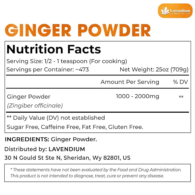 Lavendium, Premium 25oz (1.56 lbs) Ginger Powder ??Ground Ginger Root ??Pure, No Additives ??Ideal for Cooking, Baking, Smoothies, and Spice Blends. No Sugar, No Caffeine, No Gluten, Vegan