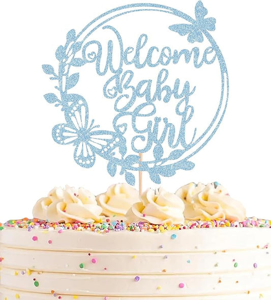 Welcome Baby Girl Cake Topper - Light Blue Glitter Baby Shower Cake Decorations, Baby Girl Cake Decor, for Baby Shower/Birthday Party/Gender Reveal Party Photo Booth Props