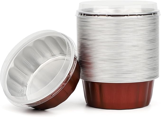 Beasea Disposable Ramekins for Baking, 8oz 50 Pack Aluminum Foil Cups with Lids, Creme Brulee Muffin Cupcake Baking Cup Mini Pudding Cups for Party Wedding Birthday - Wine Red