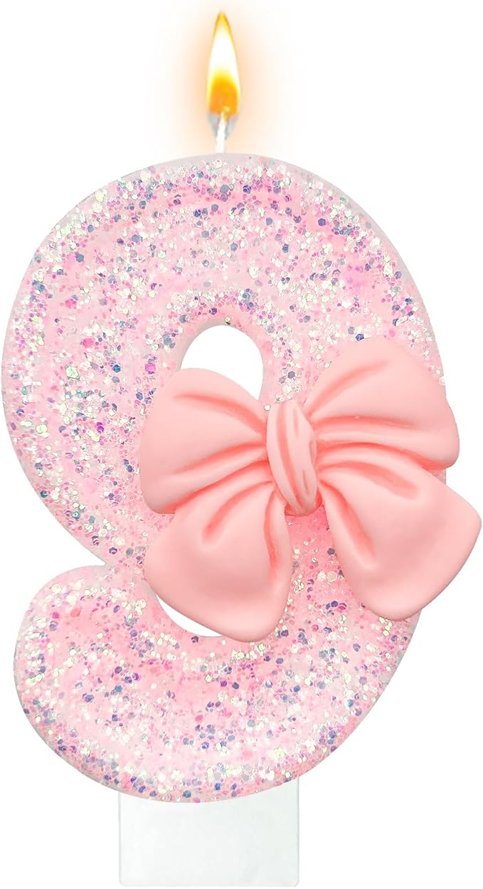 Pink Glitter Bow Birthday Candles, Number 9, Smokeless, Eco-friendly, Non-toxic