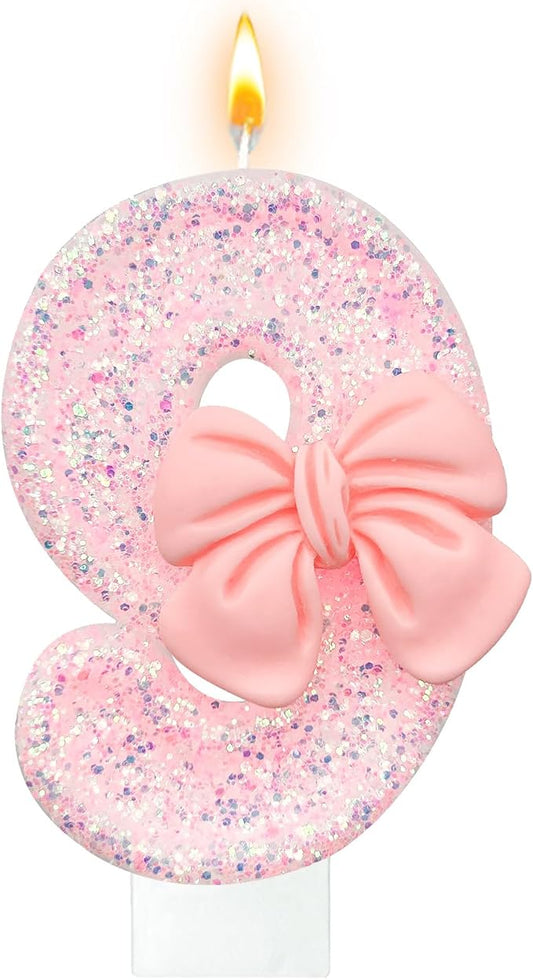 Pink Glitter Bow Birthday Candles, Number 9, Smokeless, Eco-friendly, Non-toxic