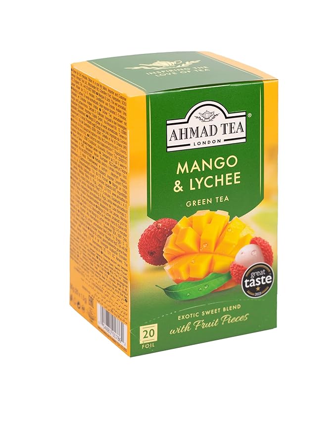 Ahmad Tea Mango & Lychee Flavored Green Tea with Fruit Pieces, 20 Count, Pack of 6