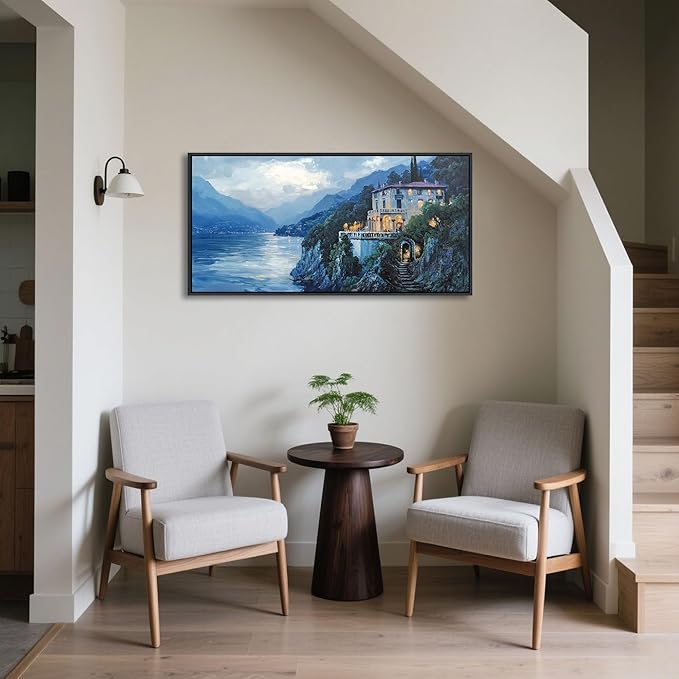 QZQCBLC Landscape Canvas Wall Art, Blue Mountains Lake Houses Green Trees Scenery Framed Paintings Artwork for Living room Bathroom Bedroom Home Office Wall Pictures Decor 20x40 IN