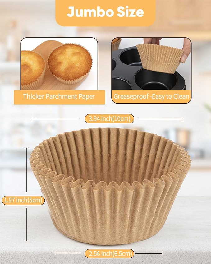 100pcs Jumbo Cupcake Liners for Baking, Natural Jumbo Muffin Liners, Unbleached, Greaseproof Parchment Paper, Cupcake Wrapper for Party, Wedding, Birthday, Christmas