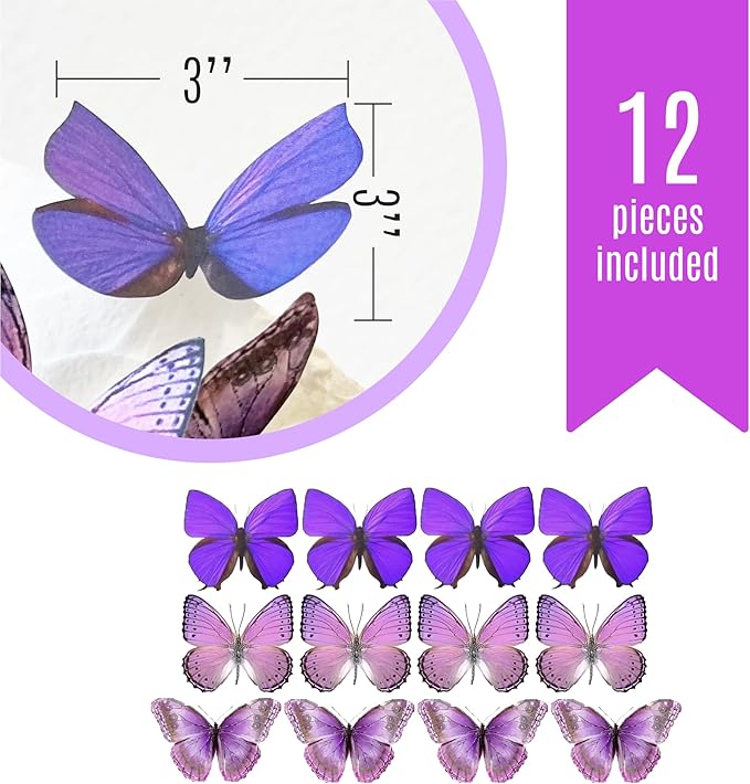 Sugar Robot Edible Butterflies for Cake Decorating- Large Size Butterfly Decorations - Cake Toppers and Cupcake Toppers - Made in the USA - Premium Crafted (Purple)