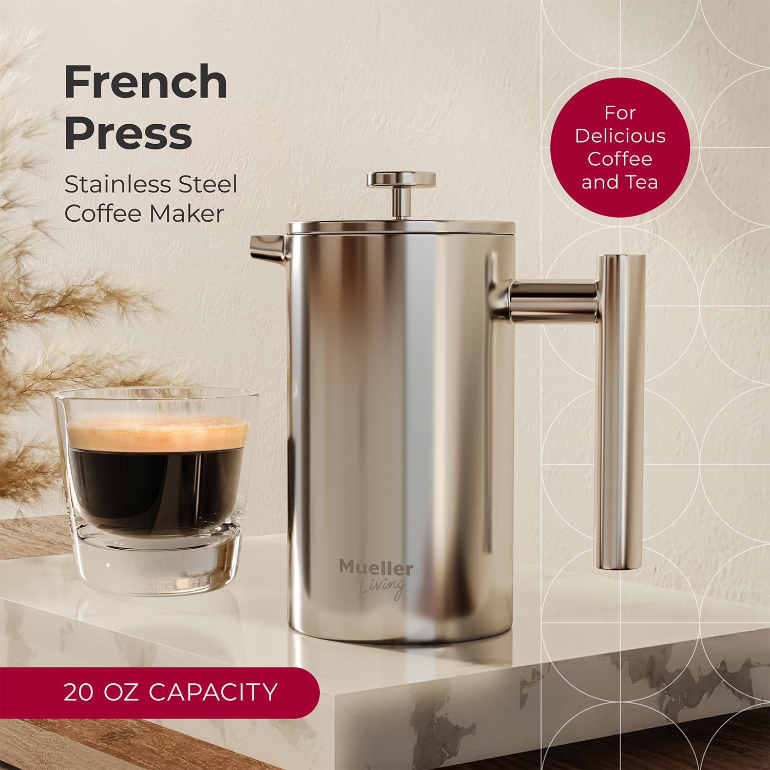 MuellerLiving French Press Coffee Maker 20oz, Stainless Steel French Press Coffee, 4 Filter Heat