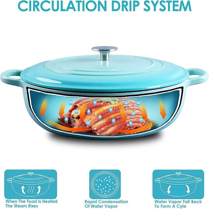 Enameled Cast Iron Dutch Oven Shallow Casserole Braiser with Dual Handle, 3.8 QT, Peacock blue