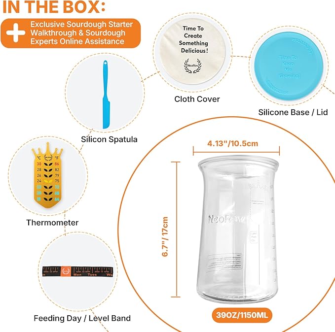 Pro Sourdough Starter Kit - 39 Oz Glass Sourdough Starter Jar (With Cloth Lid,Silicone Base,Scraper,Date Tracker,Temp Strip) - Sourdough Bread Baking Supplies For Sour Dough Bread Loaf (Blue)