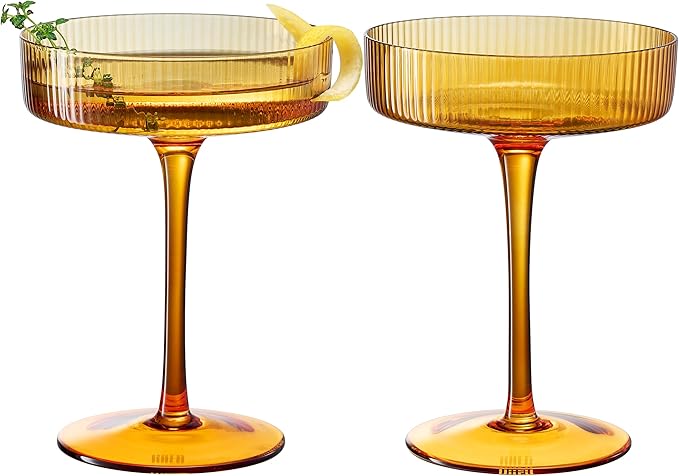 Khen Ribbed Vintage Art Deco Coupe Glasses - Martini, Champagne & Cocktail Ribbed Glasses 8oz | Cute Crystal Glassware Sets - Goblet Stemmed Ripple Glassware, Housewarming Glass Gifts, Amber, 2 Pieces