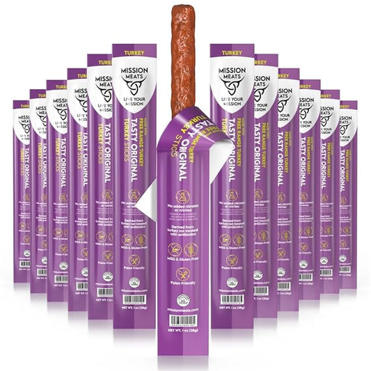 Mission Meats Turkey Sticks – 100% Free Range, Zero Sugar, Healthy Snacks, 9g Protein, Individually Wrapped Jerky Meat Sticks, Paleo & Whole 30 Friendly, 1oz (24ct)