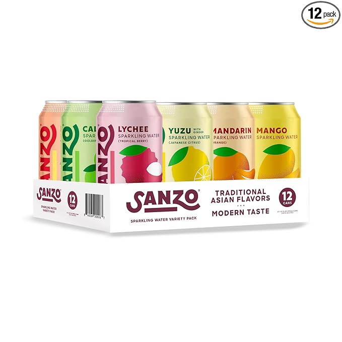 Sanzo Flavored Sparkling Water Variety Pack - Yuzu Lemon Soda, Calamansi Lime Seltzer Water, Pomelo Grapefruit Soda, Mango Sparkling Drink, Lychee Carbonated Drinks, Mandarin Orange - 12oz, 12 Pack