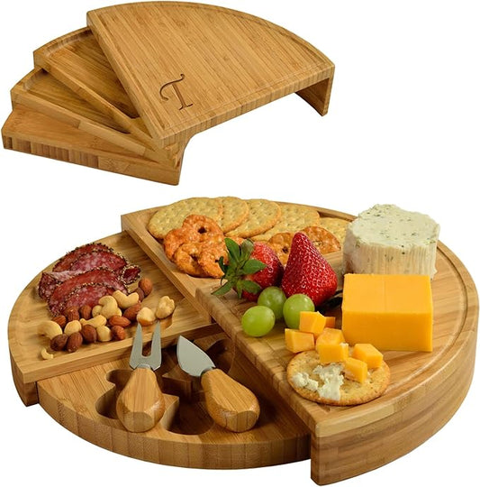 Picnic at Ascot Patented Personalized Monogrammed Engraved Bamboo Cheese/Charcuterie Board with Cheese Knives- Designed & Quality Checked in the USA