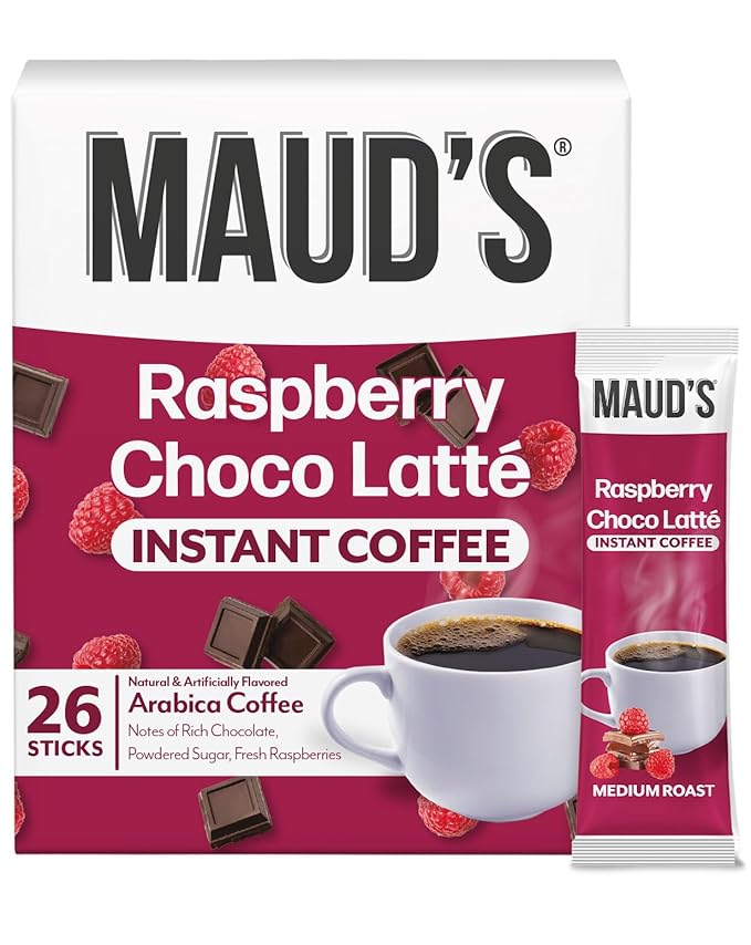 Maud's Raspberry Chocolate Flavored Instant Coffee, 26 ct, 100% Arabica Coffee, Medium Roast, Instant Hot or Iced Coffee - Just add water