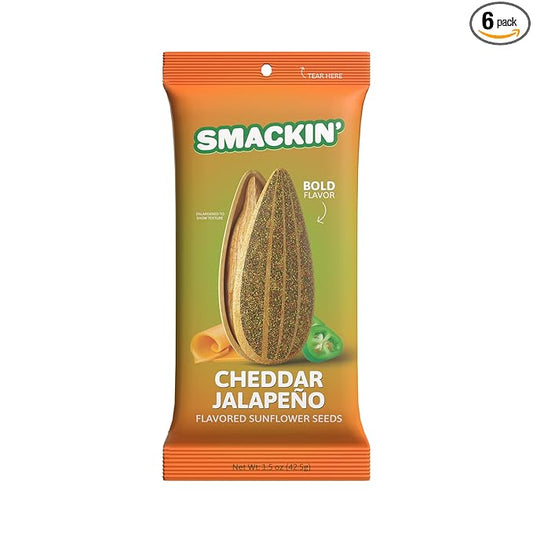 SMACKIN' Sunflower Seeds, Roasted Jumbo Small-Batch, American Made - Cheddar Jalapeño. 1.5oz bags (6 Pack)