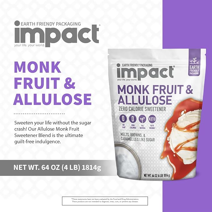 Impact - Monk Fruit Allulose Sweetener, Crystallized Blend Sugar Substitute - Zero Calorie Low-Carb Essential for Low-Carb Recipes - 4lb