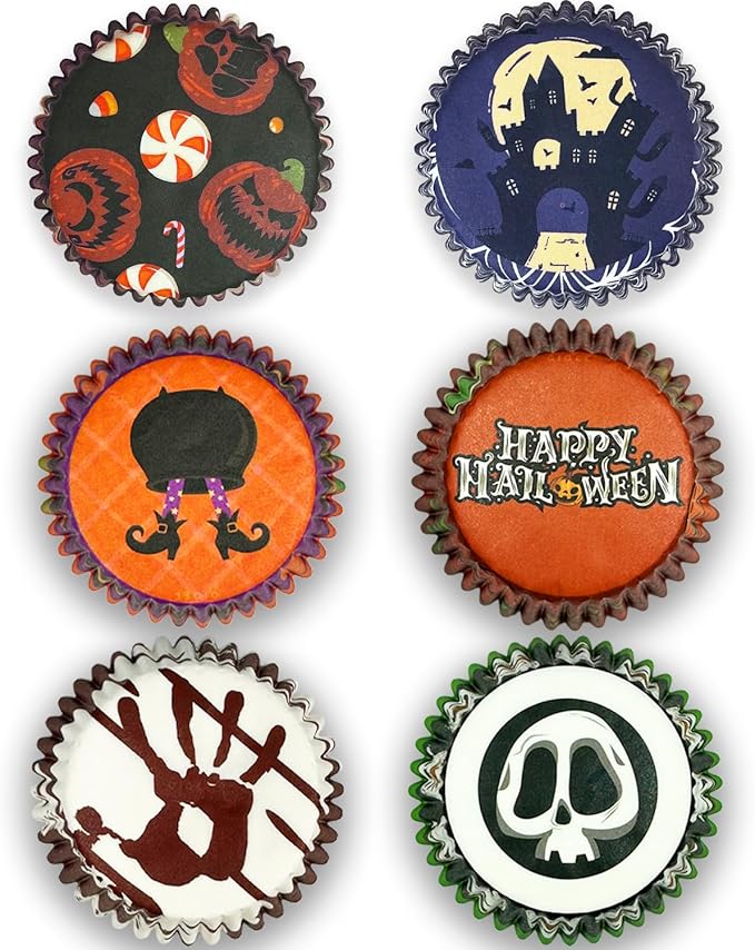 qiqee Halloween 300PCS Mini Cupcake Liners Cupcake Cups 6 Designs Halloween Witch Cupcake Papers Baking Cups Cupcake Wrappers (Small Size)