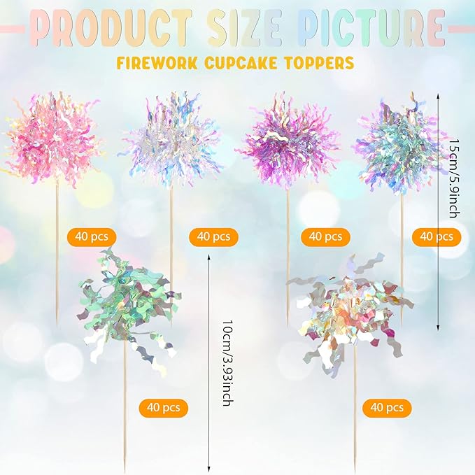 240 Pcs Firework Cupcake Toppers Foil Frill Toothpicks Cake Decorations Sparkle Tinsel Cupcake Toppers Cocktail Picks Firework Party Picks for Holiday Party Favors Supplies (6 Color)