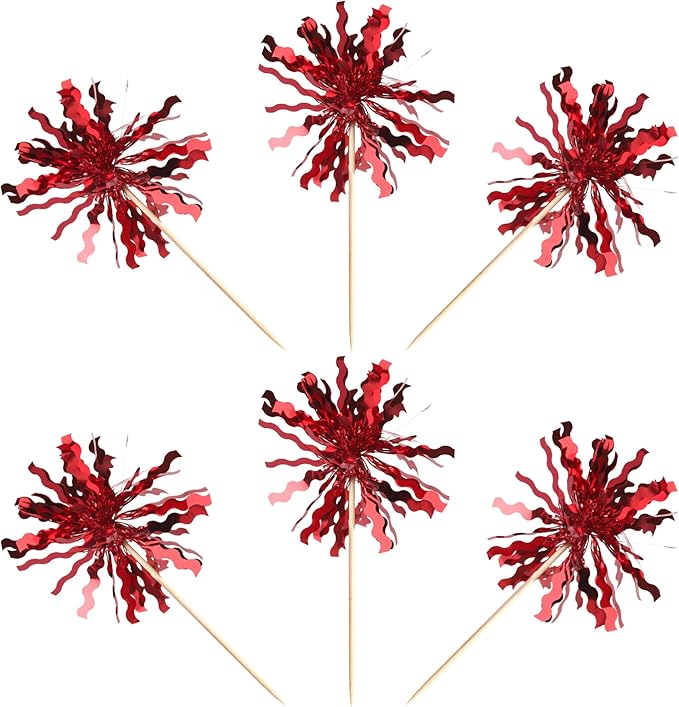Rsstarxi 30 Pack Red Foil Firework Cupcake Toppers Red Sparkle Tinsel Drink Cake Decorations Cocktail Food Toothpicks for Happy Valentine's Day Birthday Wedding Graduation Party Decorations