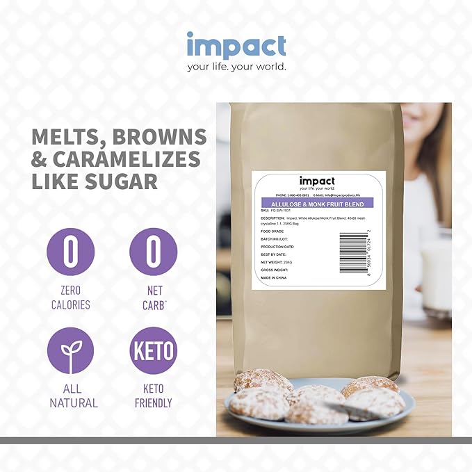 Impact - Monk Fruit Allulose Sweetener, Crystallized Blend Sugar Substitute - Zero Calorie Low-Carb Essential for Low-Carb Recipes - 25kg