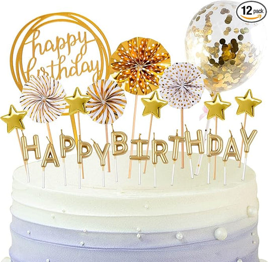 BEAN LIEVE Birthday Candles Set - Cake Topper Decoration with Cake Candles Confetti Balloon Stars and Fan Cupcake Toppers 12 Pieces Birthday Cake Decor for Birthday Party Celebration (Gold)